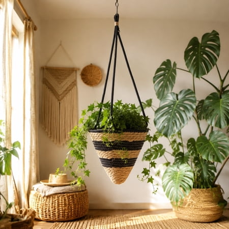 Wood Wicker Wall Mounted Hanging Basket Boho Woven Storage Flower Pot Farmhouse Home Wall Decor Black