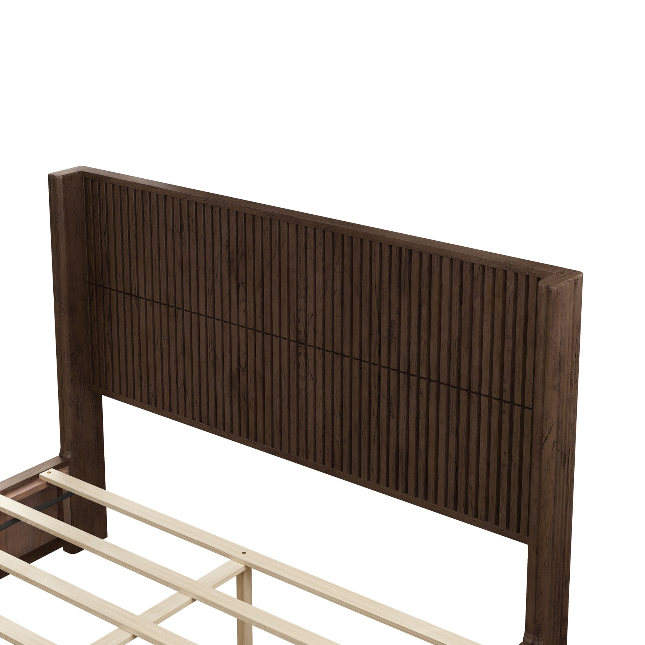GDF Studio Queen Size Solid Wood Platform Bed with Wingback Headboard, No Box Spring Needed, Walnut