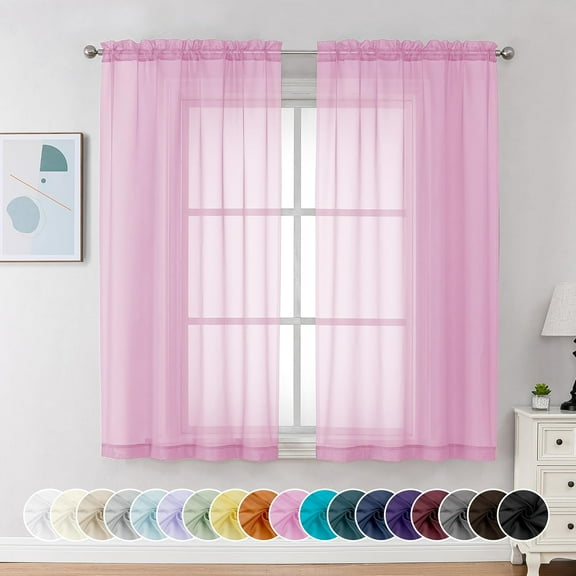FFHAAD-Pink Sheer Curtains 54 Inch Long 2 Panels, Light Filtering Rod Pocket Voile Short Curtains Drapes for Living Room Bedroom Small Windows, 42Wx54L Inches