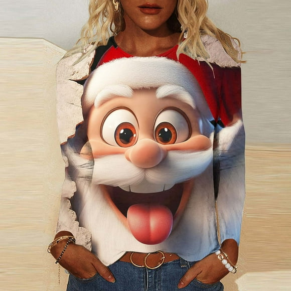 Ailaofu Ugly Christmas Shirts for Women Graphic Funny 3/4 Sleeve T Shirt Round Neck Xmas Novelty Holiday Tops
