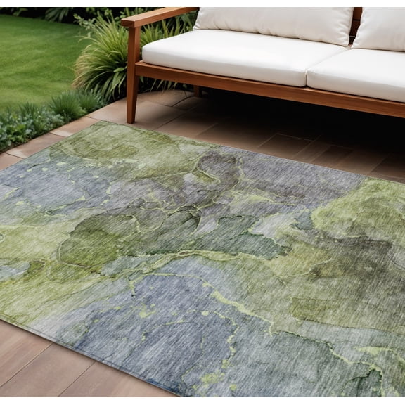 9' X 12' Olive Green And Gray Abstract Washable Indoor Outdoor Area Rug