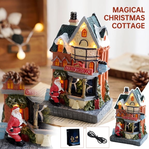 Christmas Village Lighted House with Santa Claus Figurine and Warm Led Glow, Festive Christmas Decorations Indoor Centerpiece for Home Decoration and Holiday Display, Vintage