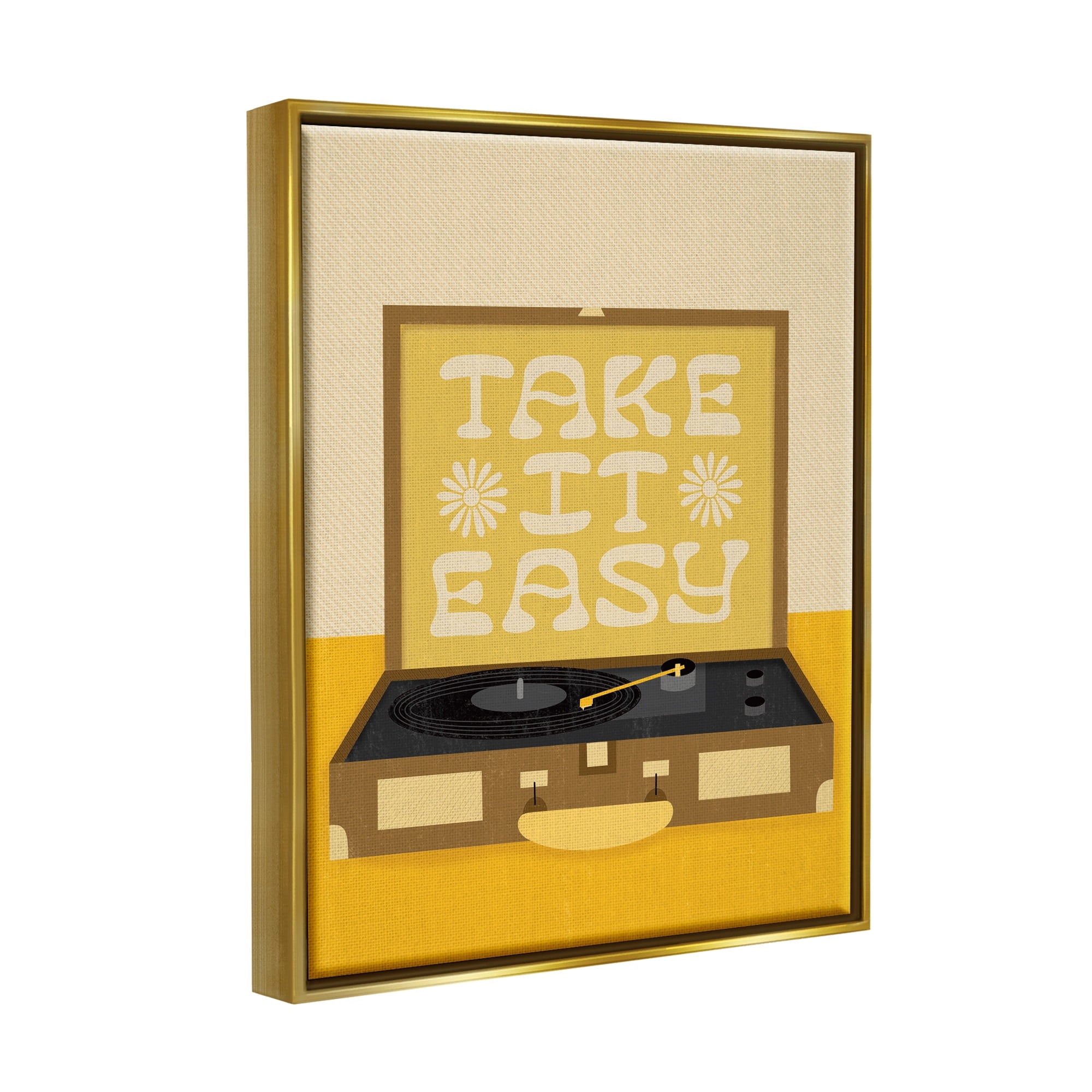 Stupell Industries Take it Easy Motivational Vintage Boho Record Player Metallic Gold Framed Floating Canvas Wall Art, 24x30, by Jaylnn Heerdt