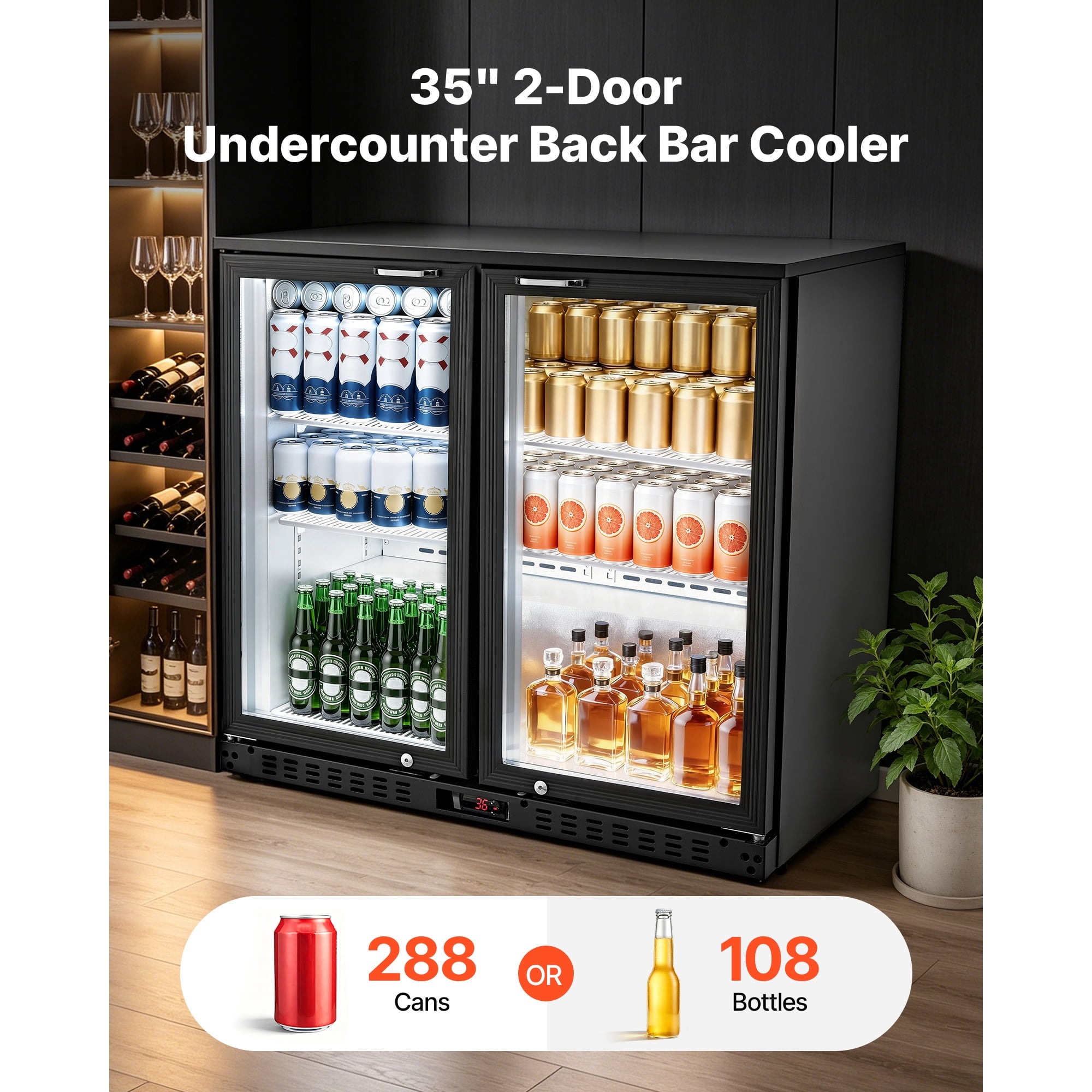 KFFKFF Commercial Back Bar Cooler, 7.4 Cu. Ft Beverage Refrigerator with Dual Glass Doors, LED Lighting, Adjustable Shelves, and Low-E Glass for Storing Beer, Soda, Wine, and Other Drinks