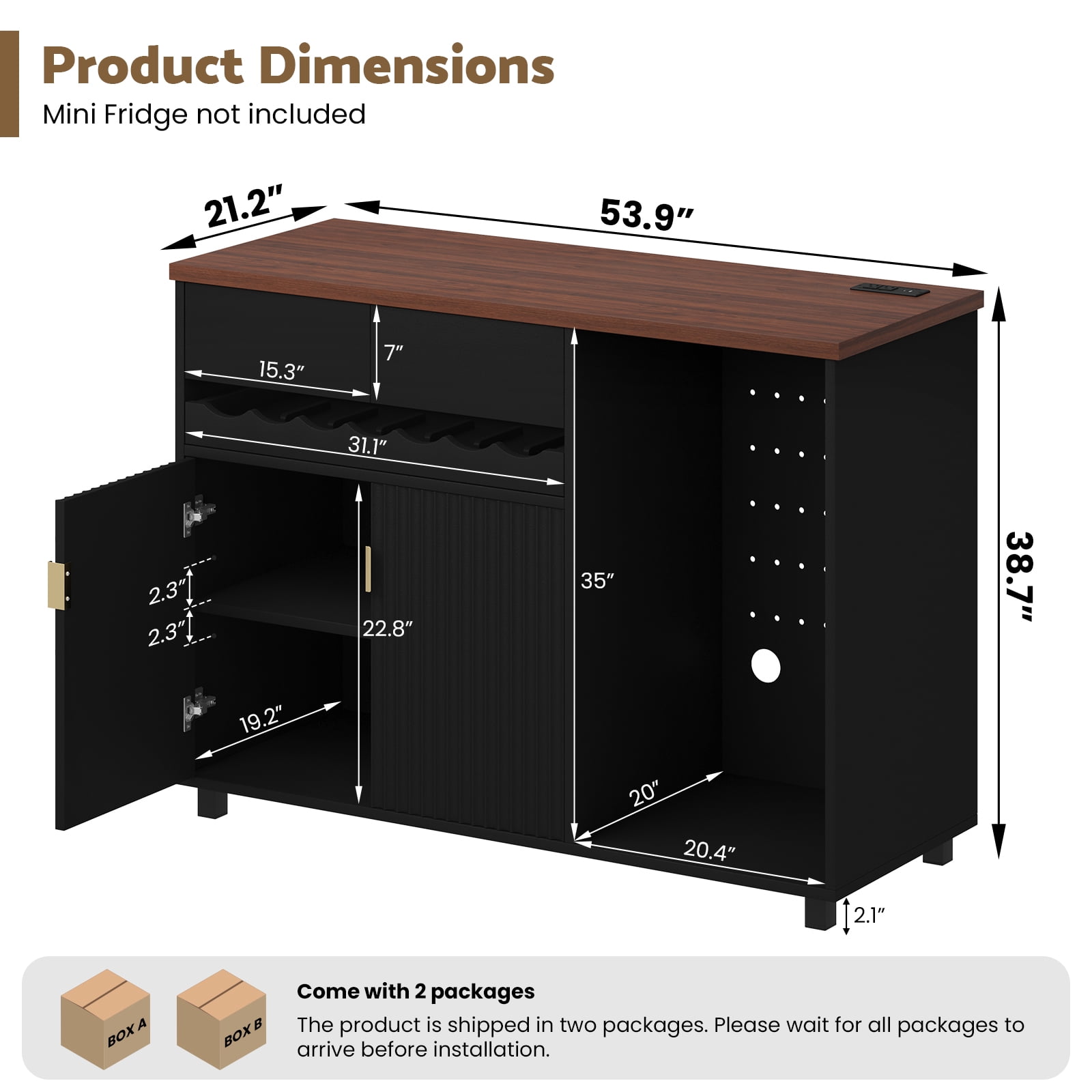 Advwin Wine Bar Cabinet with Mini Fridge Space & Power Outlet, Fluted Door Coffee Bar Cabinet with Sliding Wine Rack, Modern Buffet Sideboard for Kitchen, Dining Room & Home Bar, Black+Walnut