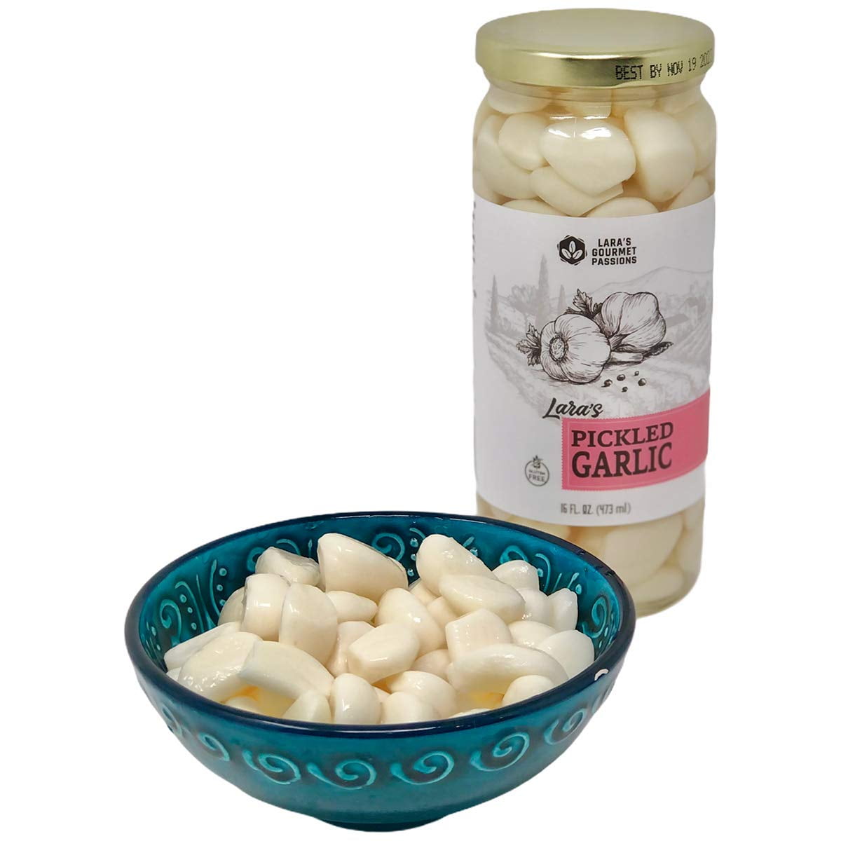 Lara’s Pickled Crunchy Garlic Cloves in Jar (4 Pack, 16 oz each)