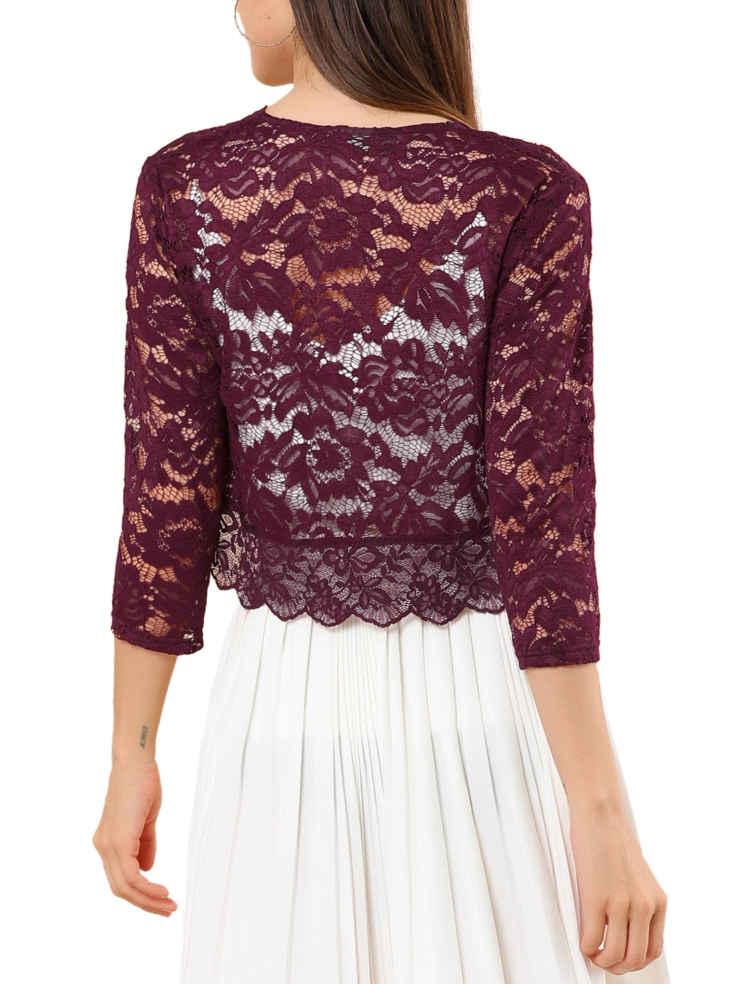 DARING DIVA 3/4 Sleeve Sheer Floral Lace Shrug Top S Burgundy