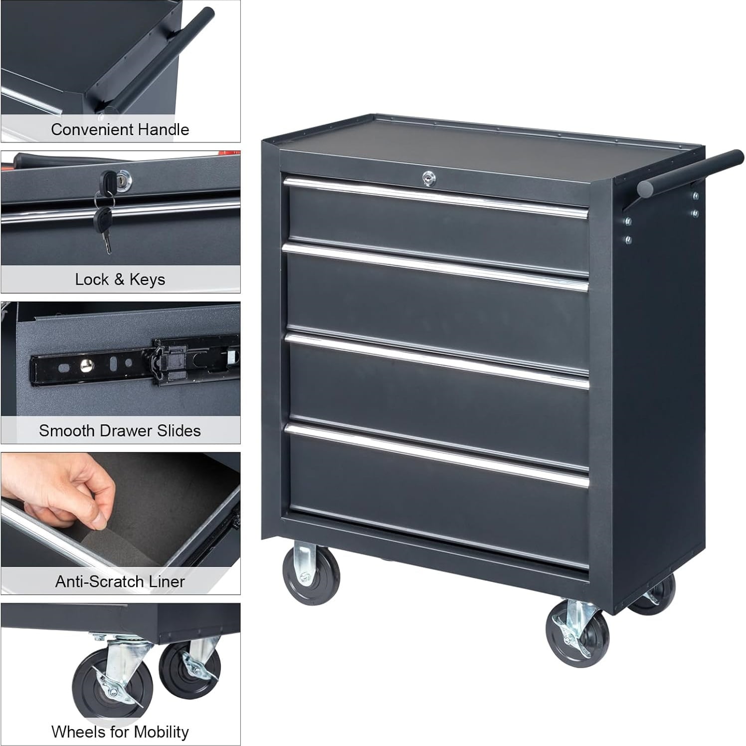 Tcbosik 4-Drawer Tool Chest with Wheels & Lock, Rolling Tool Box, Metal Storage Cabinet for Garage, Warehouse & Repair Shop, Black