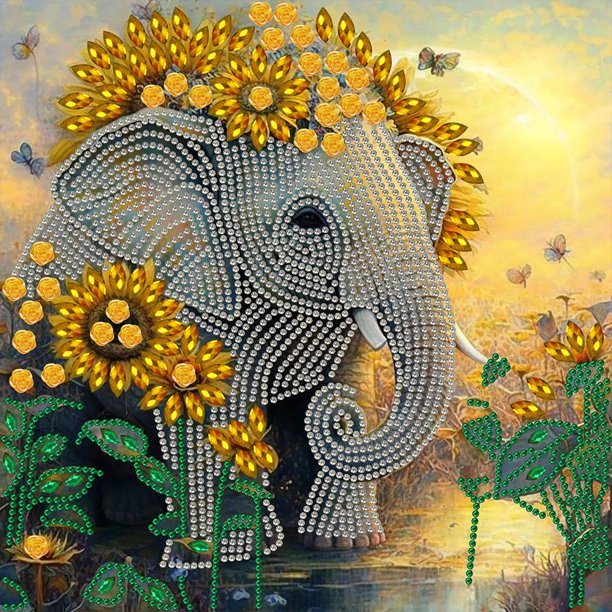 Pintura de diamante 5D DIY Taladro en forma especial parcial Elefante de girasol (LY056) Hugtrwg Para estrenar