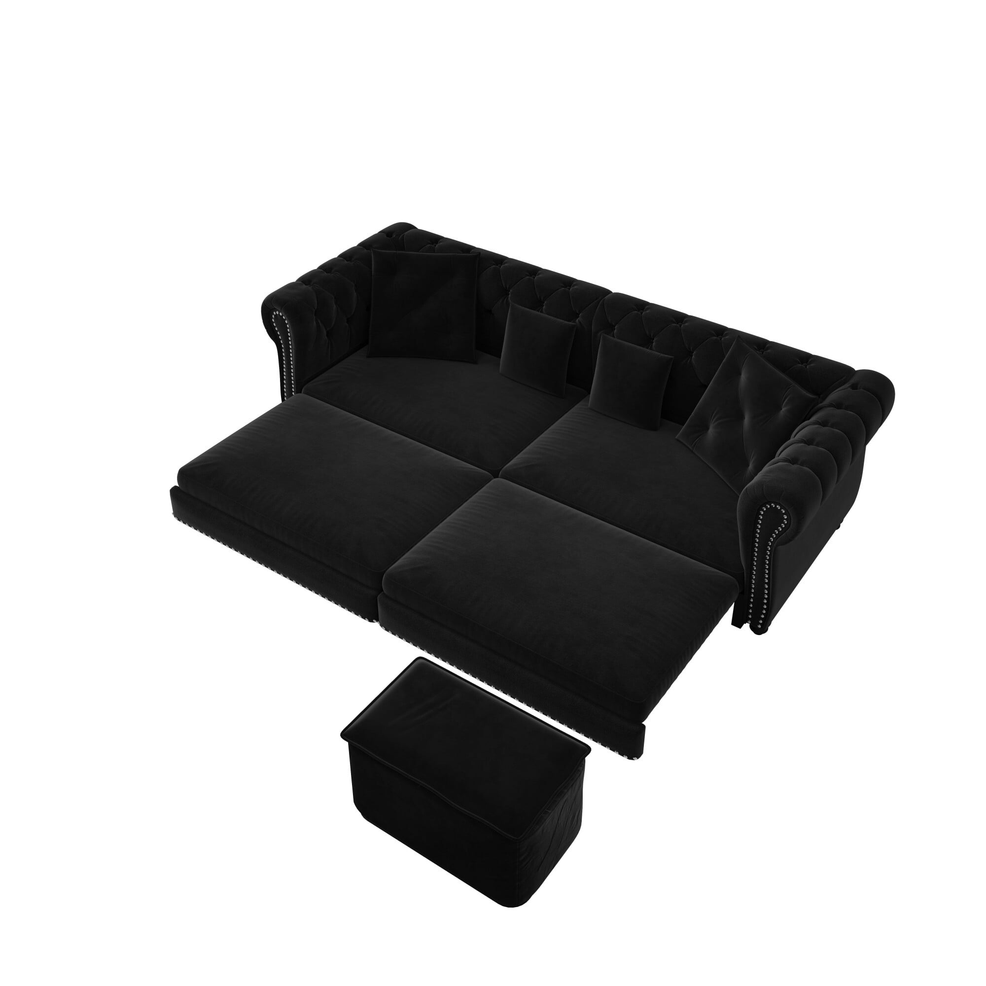DEALTOPS 89" Velvet King Size Pull-Out Sofa Bed, 3-in-1 Convertible Sleeper Sofa with Ottoman & 4 Pillows, Black