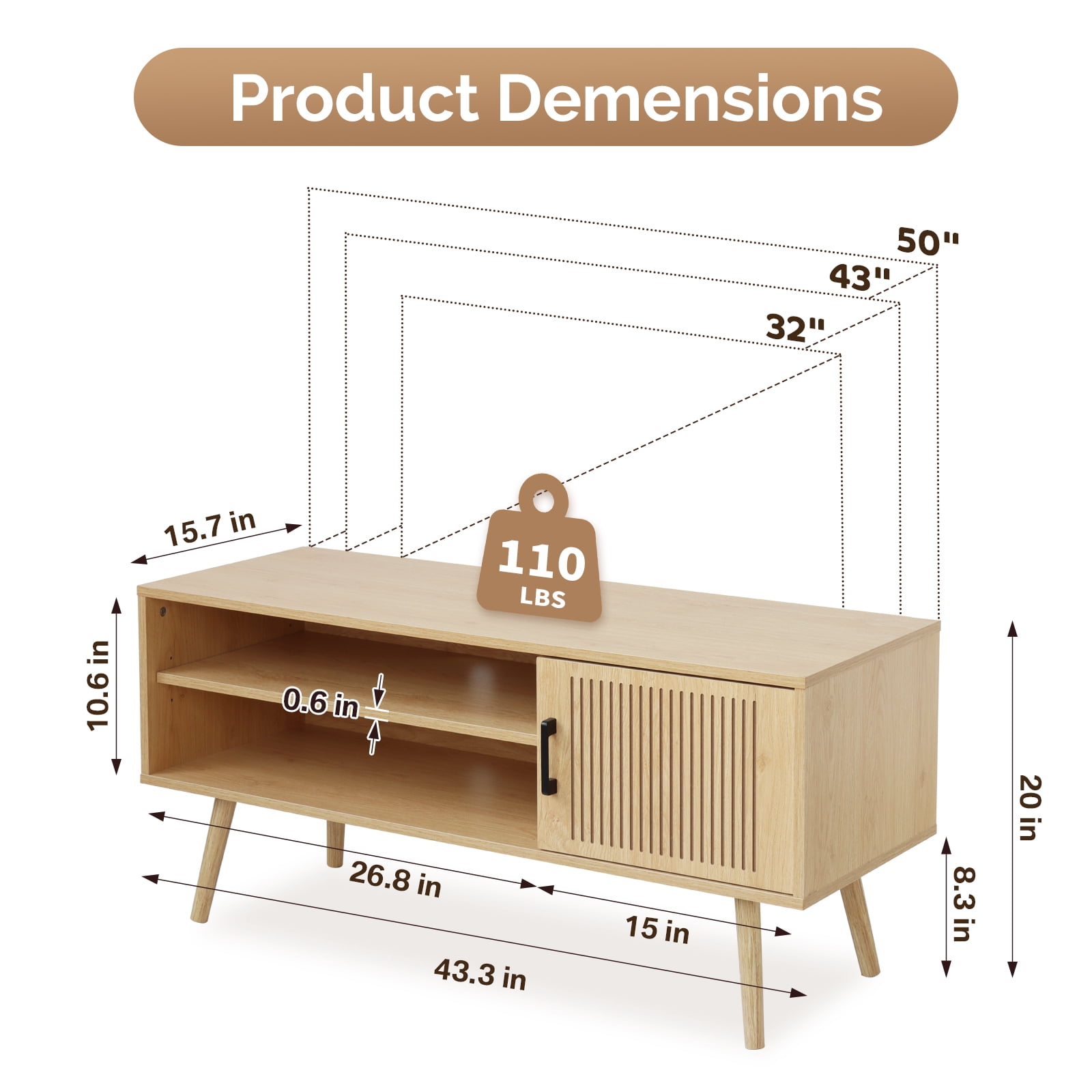 KATHY&BOB Modern TV Stand for 32-50 Inch TV, Media TV Console Table with Storage Cabinets and Adjustable Shelf, Solid Wood Feet, Natural