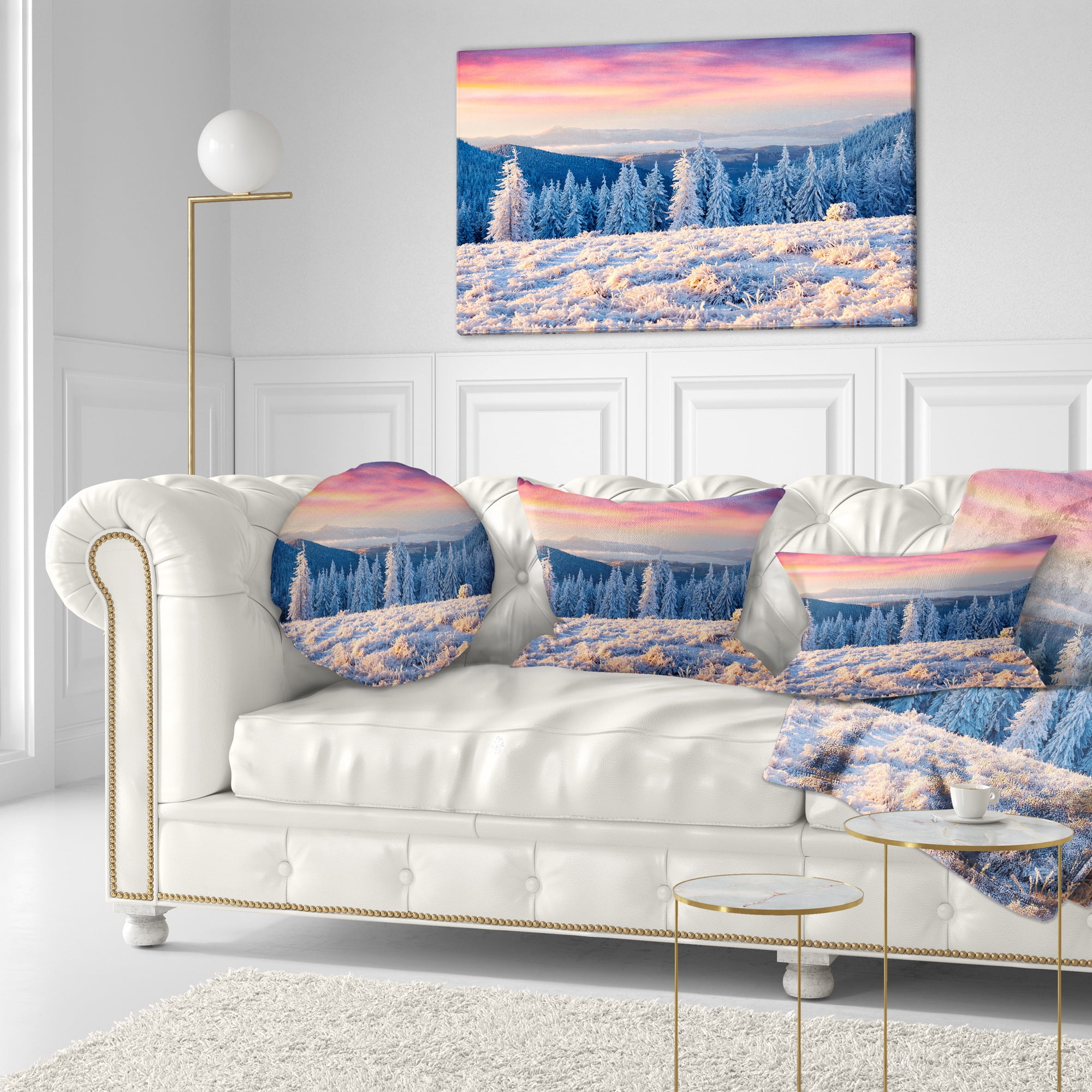 Designart Amazing Winter Sunrise in Mountains - Landscape Printed Throw Pillow - 12x20