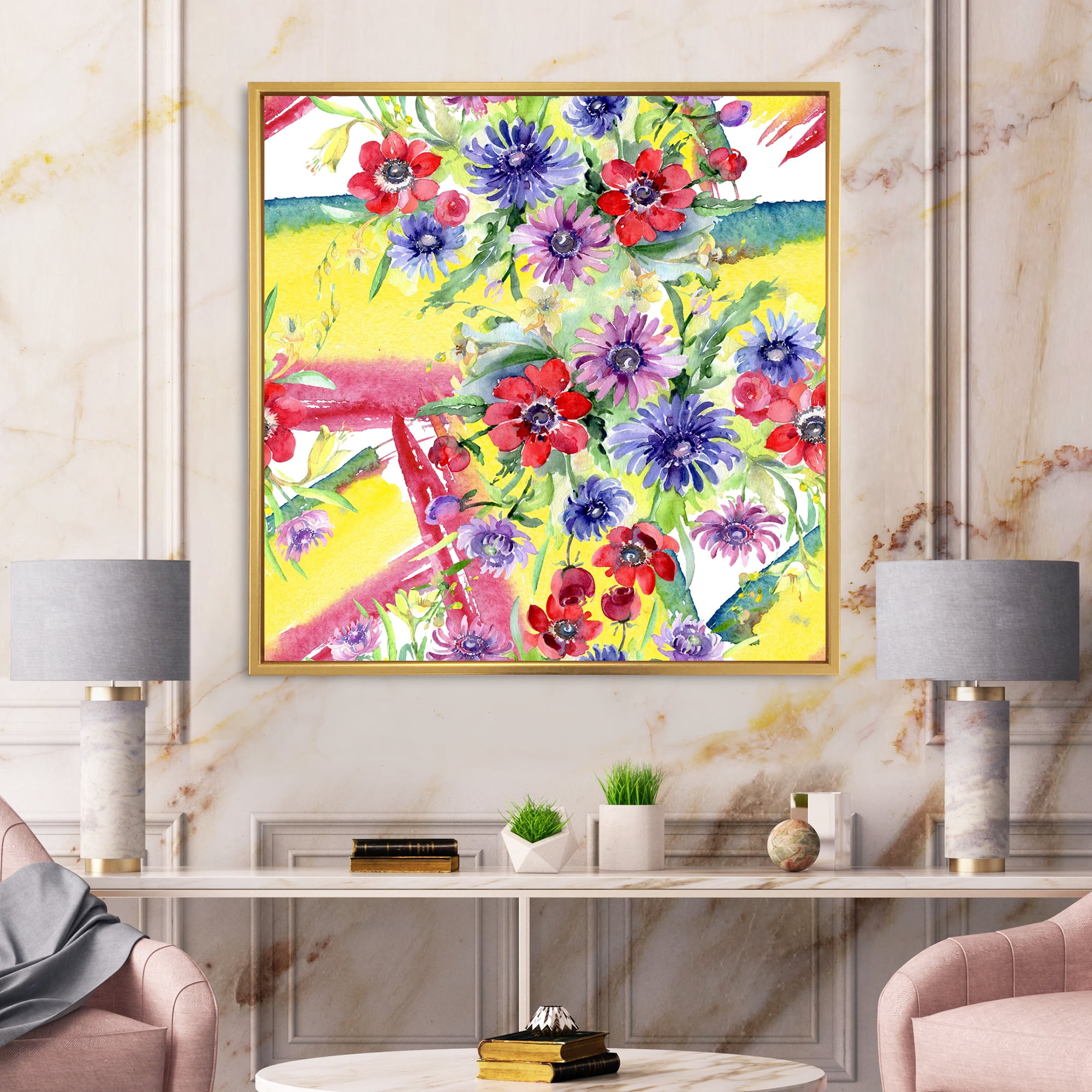Designart 'Wildflowers and Vibrant Wild Spring Leaves V' Modern Framed Canvas Wall Art Print