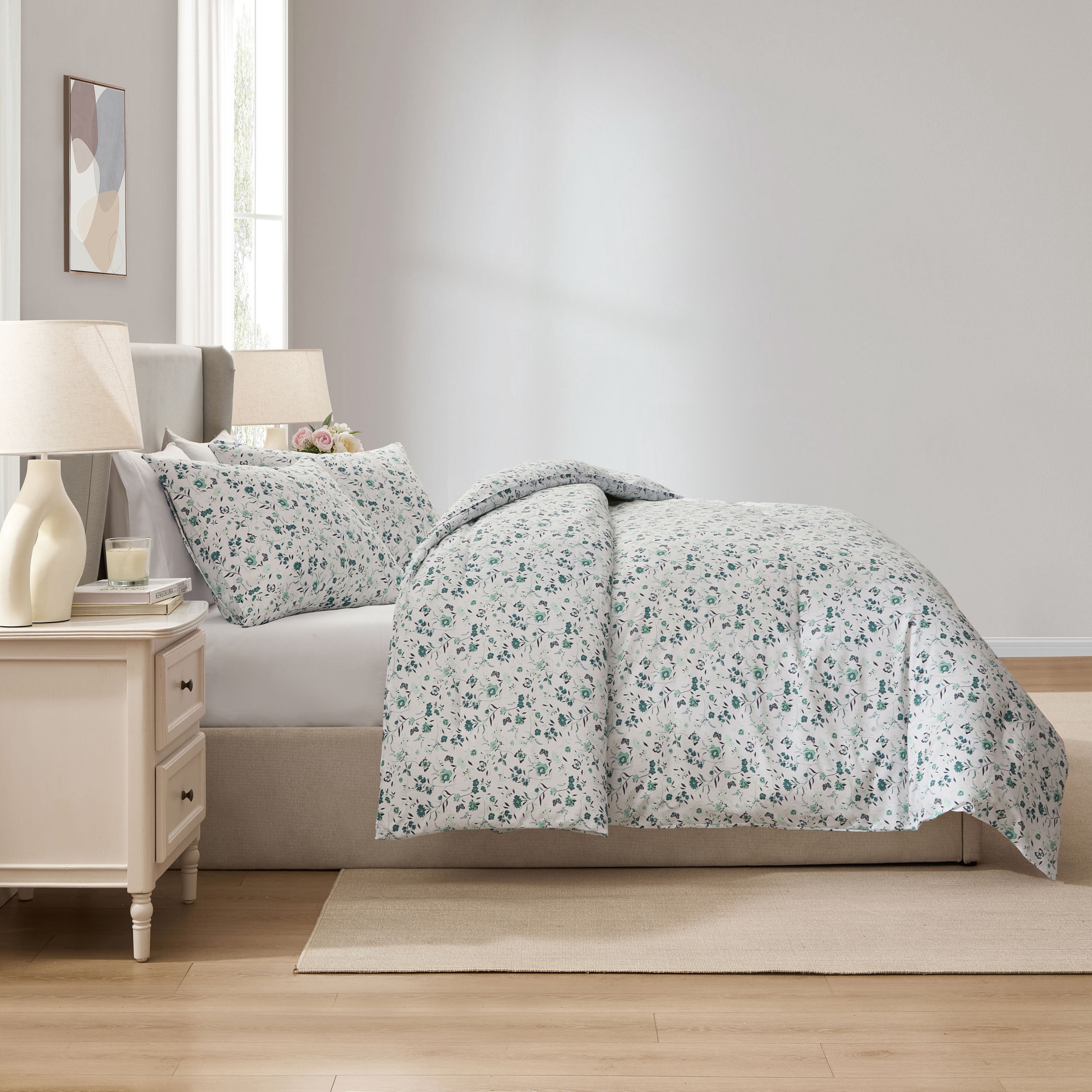 LammaLoe Queen Comforter set, 3 Piece Floral Bedding Comforter Set with Sheets, Bed in a Bag, Green