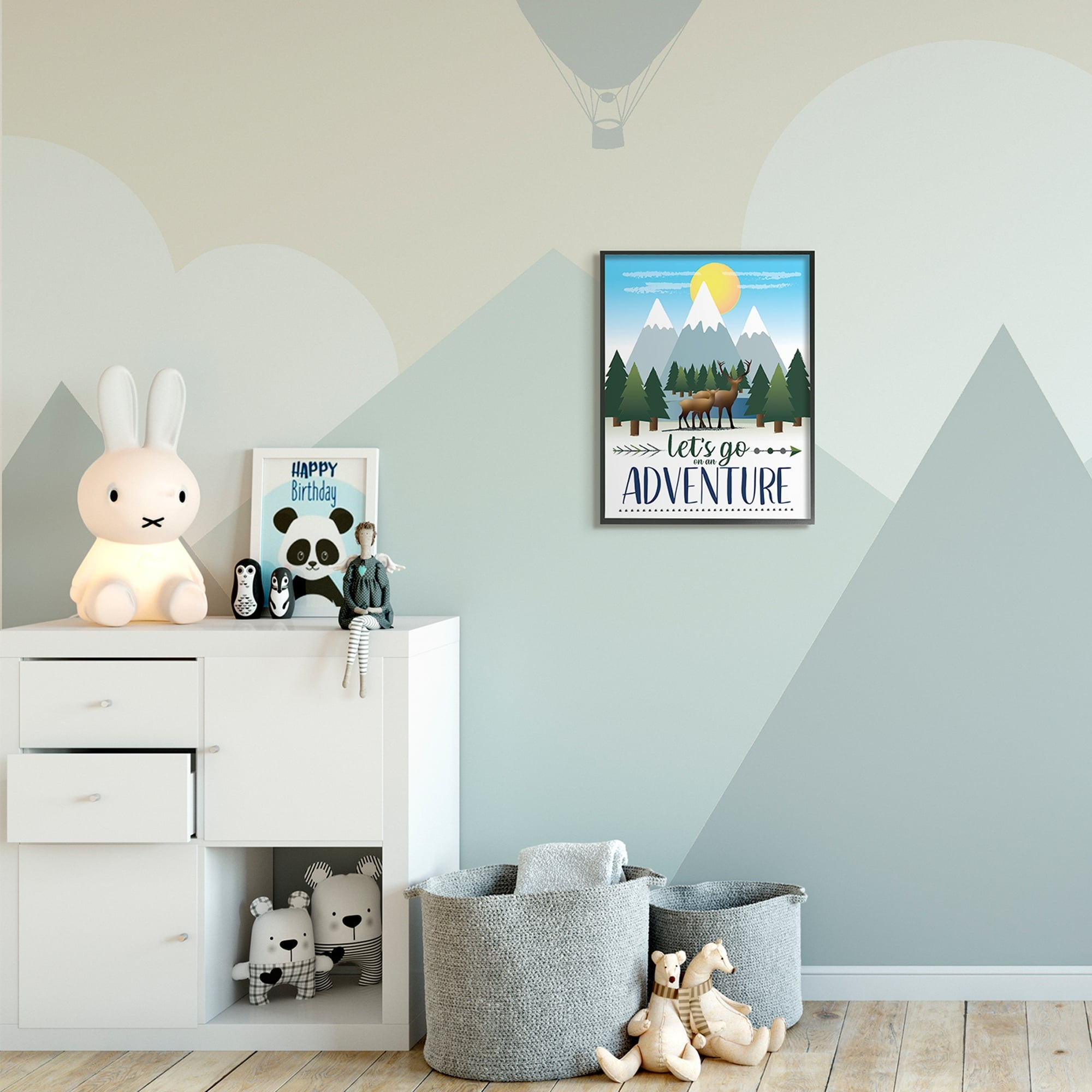 Stupell Industries Let's Go Adventure Phrase Forest Animal Mountain Range Inspirational Painting Black Framed Art Print Wall Art, 16 x 20