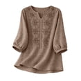 thumbnail image 5 of Wutalume Women's 3/4 Sleeve Linen Top - Casual V-Neck Button Down Shirt in Solid Color, 3/4 Sleeve Blouses for Women, Womens Summer Tops Breathable,Khaki 3XL, 5 of 5