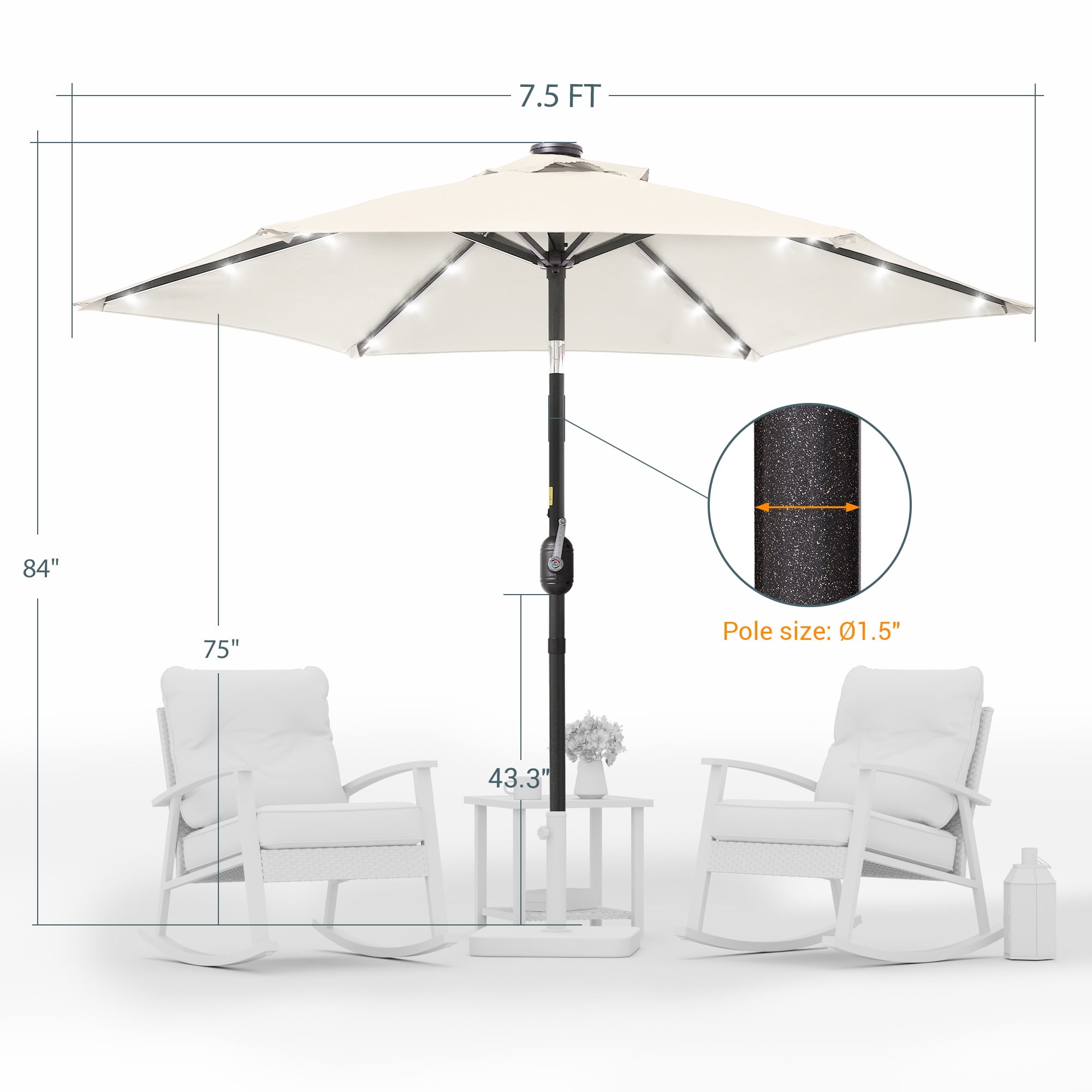 ACEGOSES 7.5ft LED Solar Outdoor Patio Market Table Umbrella with Polyester Canopy for Garden,Yard and Poolside, Oyster White