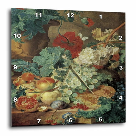 Grape Wall Clock 3dRose Fruit Still Life by Jan Van Huysum Grapes, pomegranate, peaches and plums - Wall Clock, 10 by 10-inch ()
