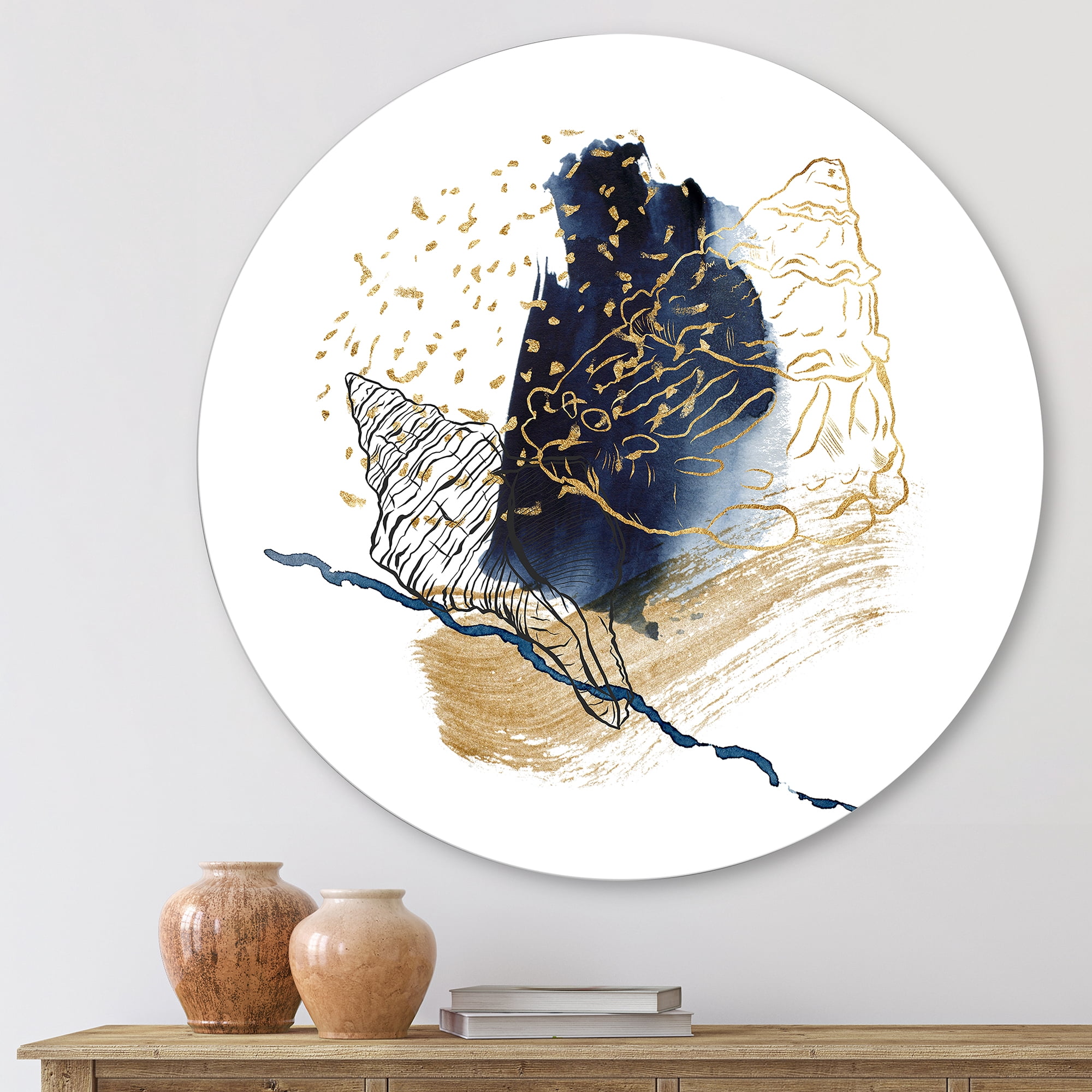 Designart 'Underwater Marine Life With Gold Shell Line Art' Farmhouse Circle Metal Wall Art 23x23 - Disc of 23
