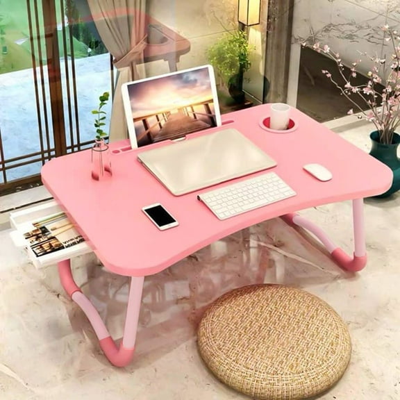 Laptop Bed Table, Foldable Laptop Desk Bed Tray with Storage Drawer, Lap Desk TV Tray for Breakfast Serving, Notebook Stand Reading Holder with Phone Slot and Cup Holder for Sofa  Floor-Pink