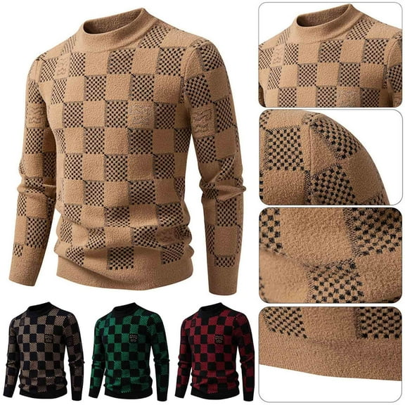 FRSASU Men's Fashionable Plaid Print Knitted Long Sleeve Elastic Warm Pullovers Crewneck Sweater Top Wine