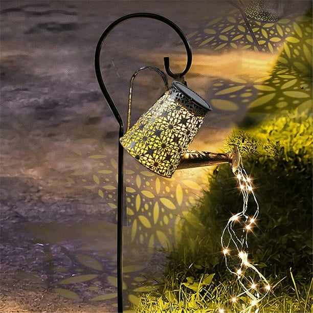 Solar Watering Can with Lights Outdoor Larger Size Waterproof Garden Light Strings, Metal