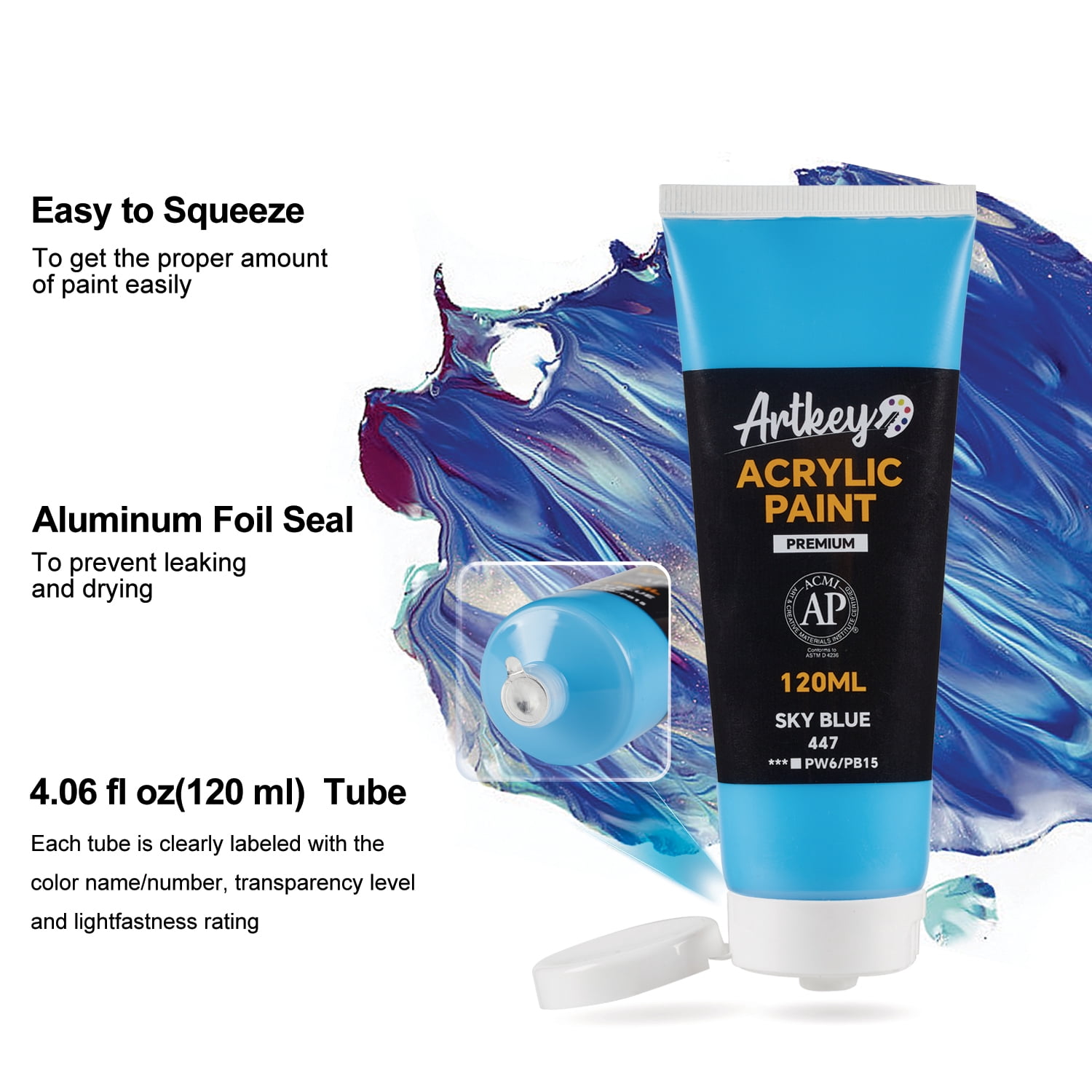 Artkey Acrylic Paint - Sky Blue (120 ml/4.06 oz) Tubes, Rich & Vibrant Pigments, Professional Artists Acrylic Paints - Art Supplies for Canvas Wood Rock Clay Fabric Ceramics Art Crafts Painting