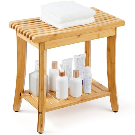 VEVOR Bamboo Shower Bench, 19.1 x 11.3 x 18.3 in, Waterproof Shower Stool Chair with Storage Shelf, 330lbs Load Capacity Spa Bath Seat Organizer, for Adults Seniors Women Elderly Indoor Outdoor