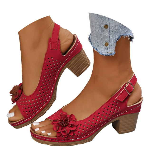 Dakaela Sandales Slingback pour Femmes Élégantes à Bride Arrière Talons Épais Ajourées d'Été à Enfiler Sandales