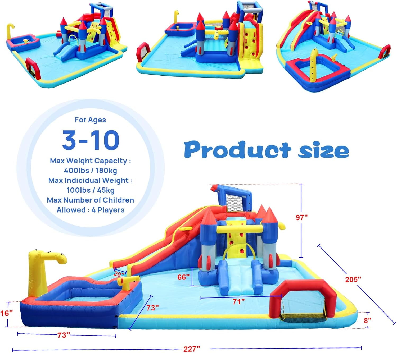 Acpouw 10 in1 Inflatable Water Slide for 3-12 Years, Bounce House with Climbing Wall, Ball Pool, Water Guns, Basketball Hoop, Soccer, Boxing Game, Indoor/Outdoor Kids Bouncy Castle with Blower