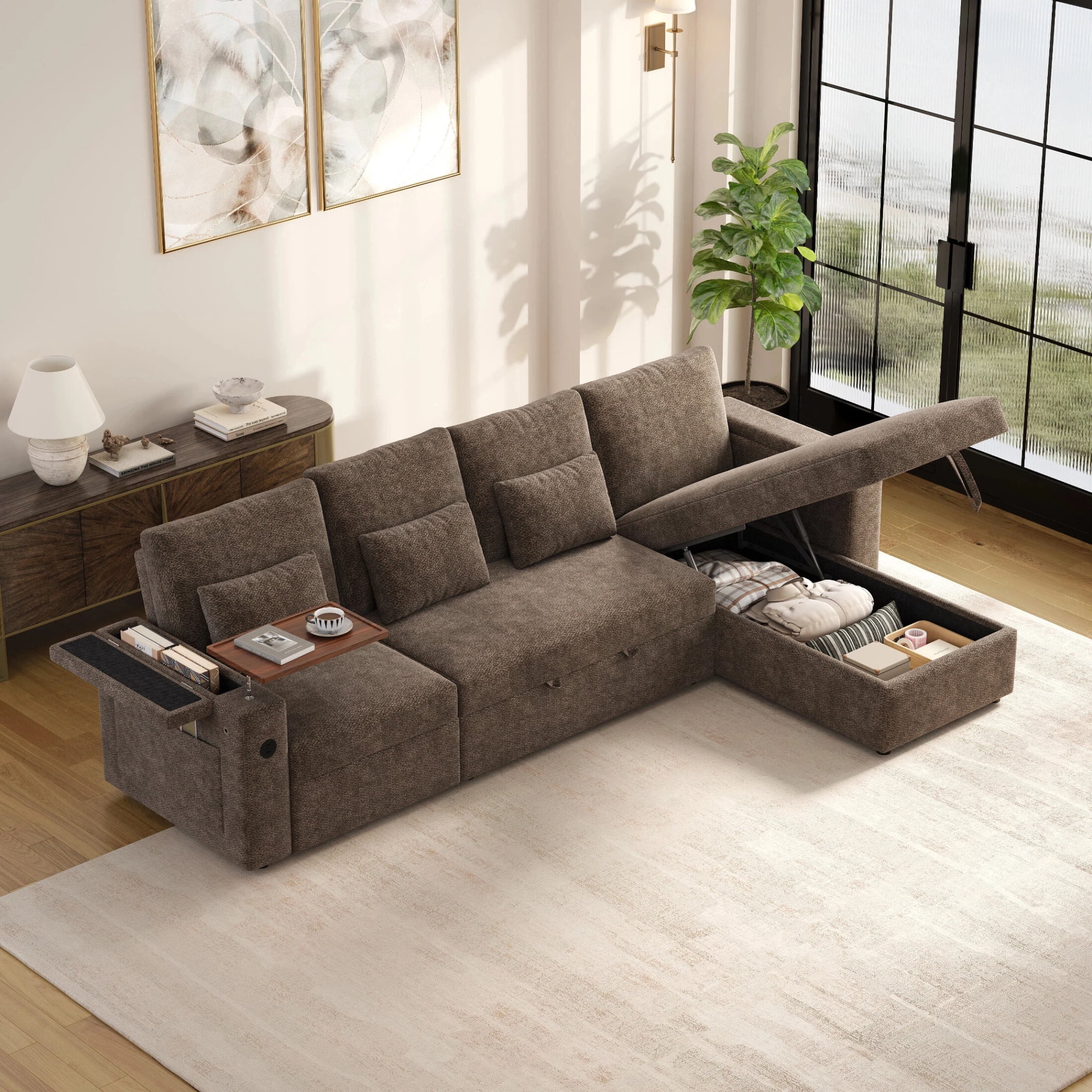 AISWORD 108" 3-in-1 Convertible Pull Out Sofa Bed, 6 Position Adjustable Sleeper Couch with USB Ports, Laptop Table, Cup Holders & Side Storage Pockets, Khaki