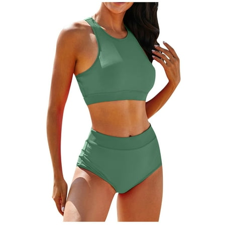 Susanny Women Two Piece Tankini Bathing Suits Sports High Waisted Bikini Set High Neck Swimsuit Tummy Control for Teens Girls Army Green S