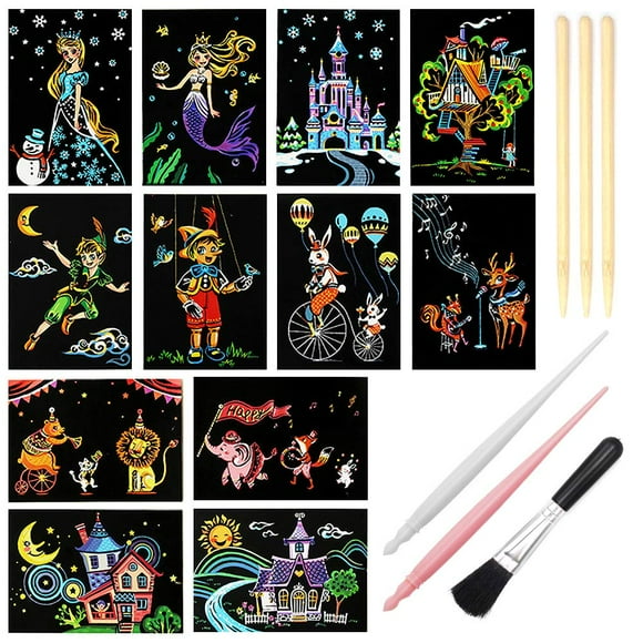 Scratch Art Paper, Rainbow Night View Scratchboard Pads for Adults and Teen, Mini Envelope Postcard Art & Crafts Set: 12 Sheets Scratch Cards & Scratch Drawing Pen, Clean Brush 7.9"x5.5" (Dreamtopia)