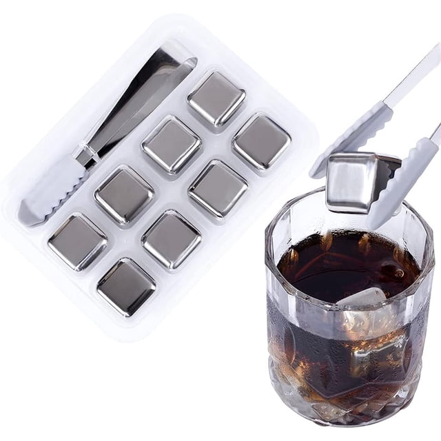Ensemble de Pierres à Whisky en Acier Inoxydable, 8 Pcs Roches Rafraîchissantes, Glaçons Métalliques Réutilisables, Refroidisseur de Vin pour Boisson, Accessoires de Bar avec Pinces à Glace Plateau de Rangement pour Congélateur