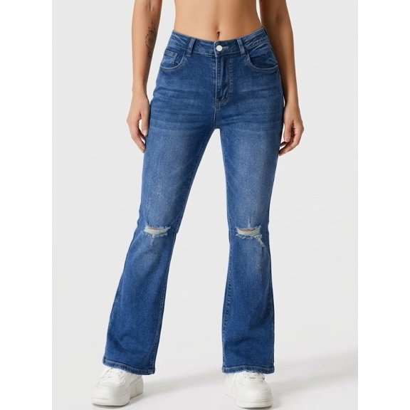 Women’s High Waist Ripped Flare Jeans, Stretch Distressed Knee Hole Denim Pants with Pockets