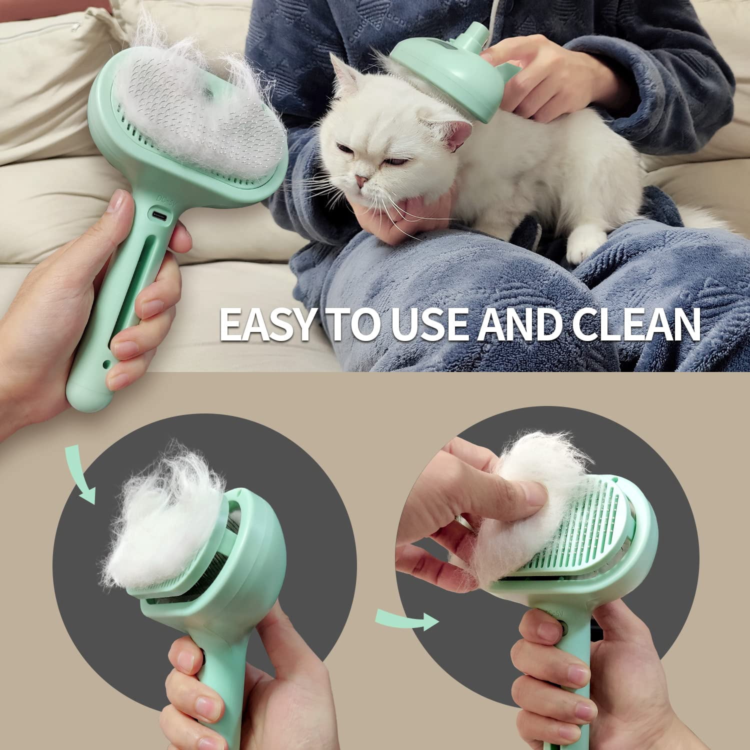 Cat Steam Brush for Shedding, 3-in-1 Self-Cleaning Grooming Comb for Long & Short Hair Cats & Dogs, Type-C Fast Charging (White)