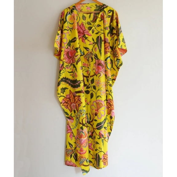 Flower Print Cotton Fabric Indian Kaftan Dress Long Top Caftan, Dress Beach Wear Cover up, Printed Sleepwear Maxi Dress Boho Kimono Robe