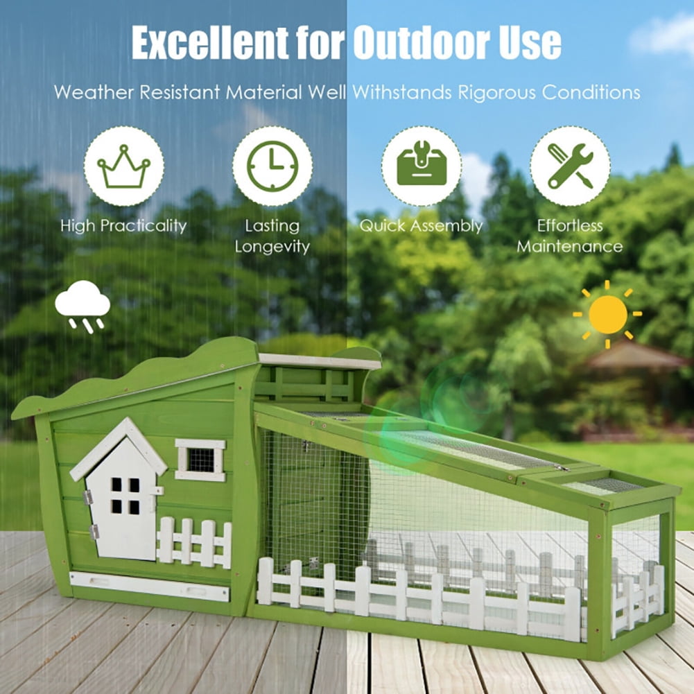 62 Inch Wooden Rabbit Hutch with Pull Out Tray-Green, Rabbit Hutch for Cats, Rabbits, Bunnies, Guinea Pigs