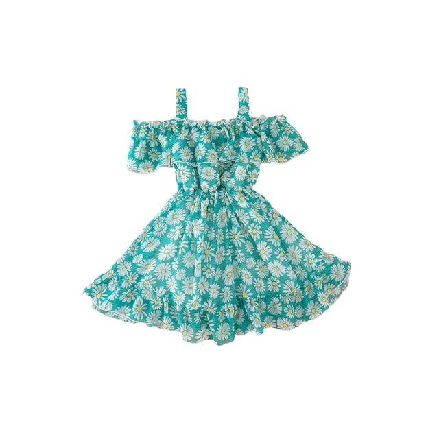 Xingqing 8 Colors Summer Princess Kids Girls Dress Flowers Printed Short Sleeve Off Shoulder Ruffles A-Line Chiffon Dress