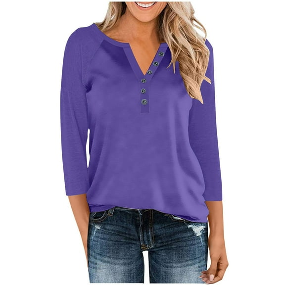 Ounisa 3/4 Sleeve Tops for Women Henley Raglan Notched V Neck T Shirts Three Quarter Length Button Shirts Womens Blouses