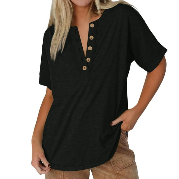 Yubnlvae Casual V-Neck T-Shirts for Women - Short Sleeve Solid Color Tops (Soft Cotton, Daily Wear Essential) Black L