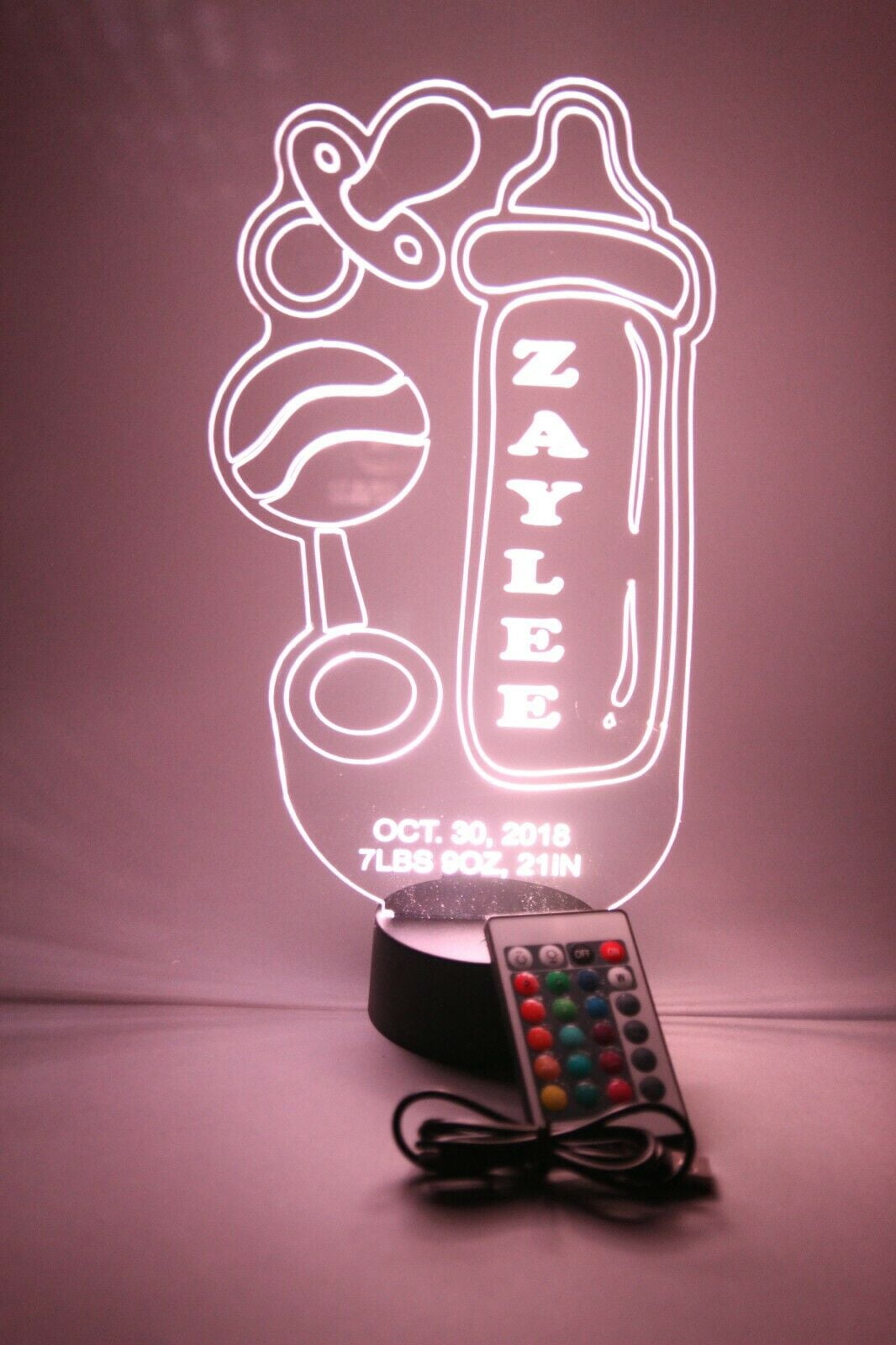 Baby Bottle & Rattle Night Light Up Lamp Personalized LED Nursery Decor Baby Gift LED Free Engraved Custom Name and Birthday With Remote, 16 Color Options, Dimmer, It's WOW, Great Newborn Baby Gift