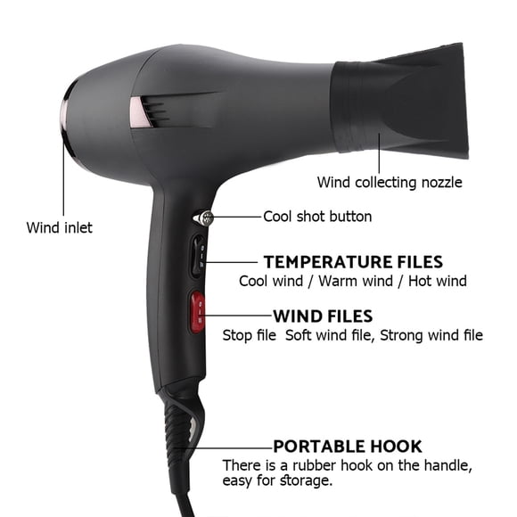 Secador De Pelo De 2000 W, Secador De Pelo De Viento Frío Y Caliente Para Peinado Con 2 Boquillas, Soplador De Motor CC Ligero Profesional De Sercado Rápido Para Salones De