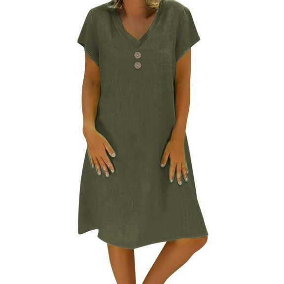JSheng Women's Summer Dresses Cotton And Linen Fashion Women Loose V-Neck Solid Short Sleeve Button Dress Army Green S
