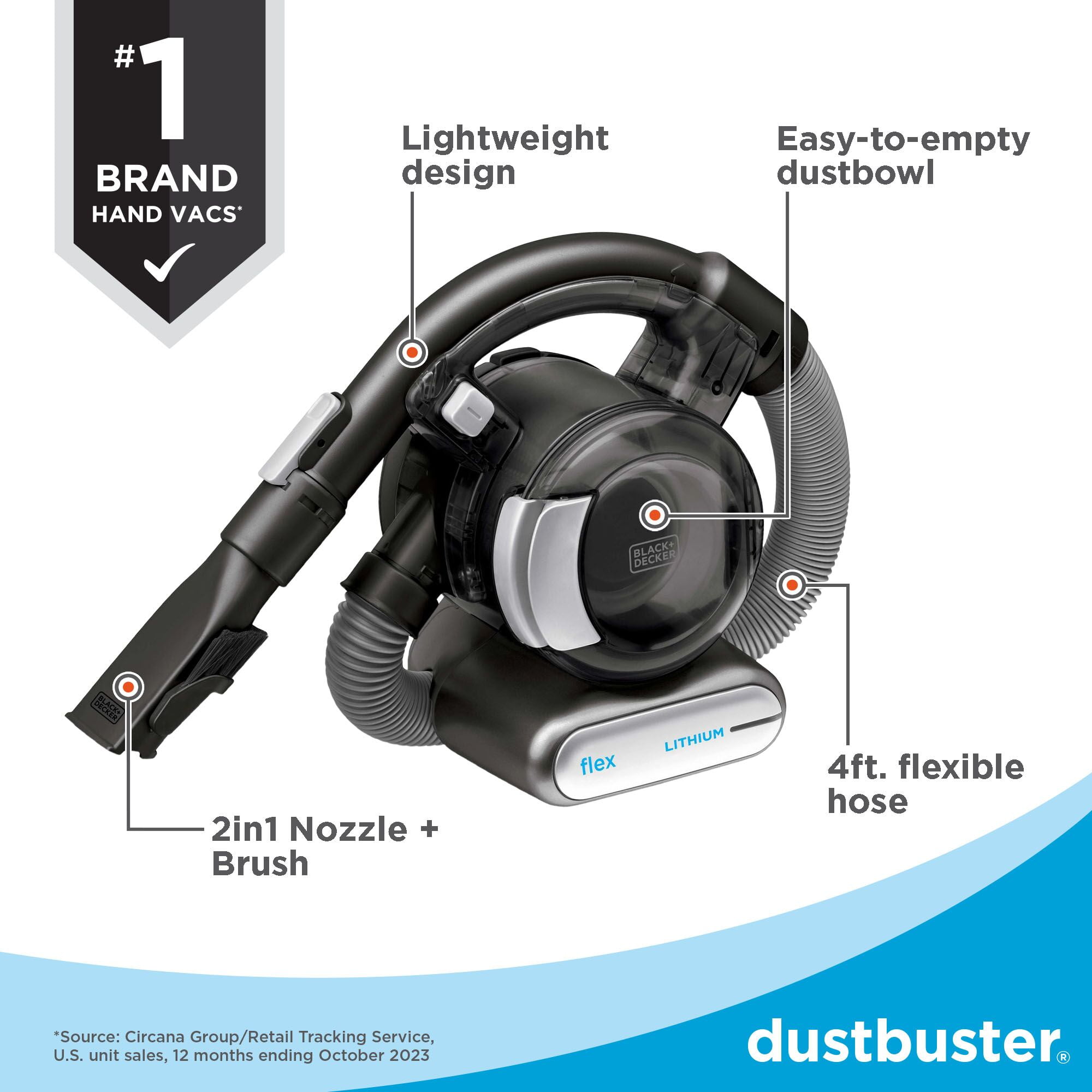 BLACK+DECKER dustbuster FLEX Cordless Handheld Vacuum, Home & Car Cleaning, with Flexible Hose and Pet Hair Brush, BDH2020FL, Black