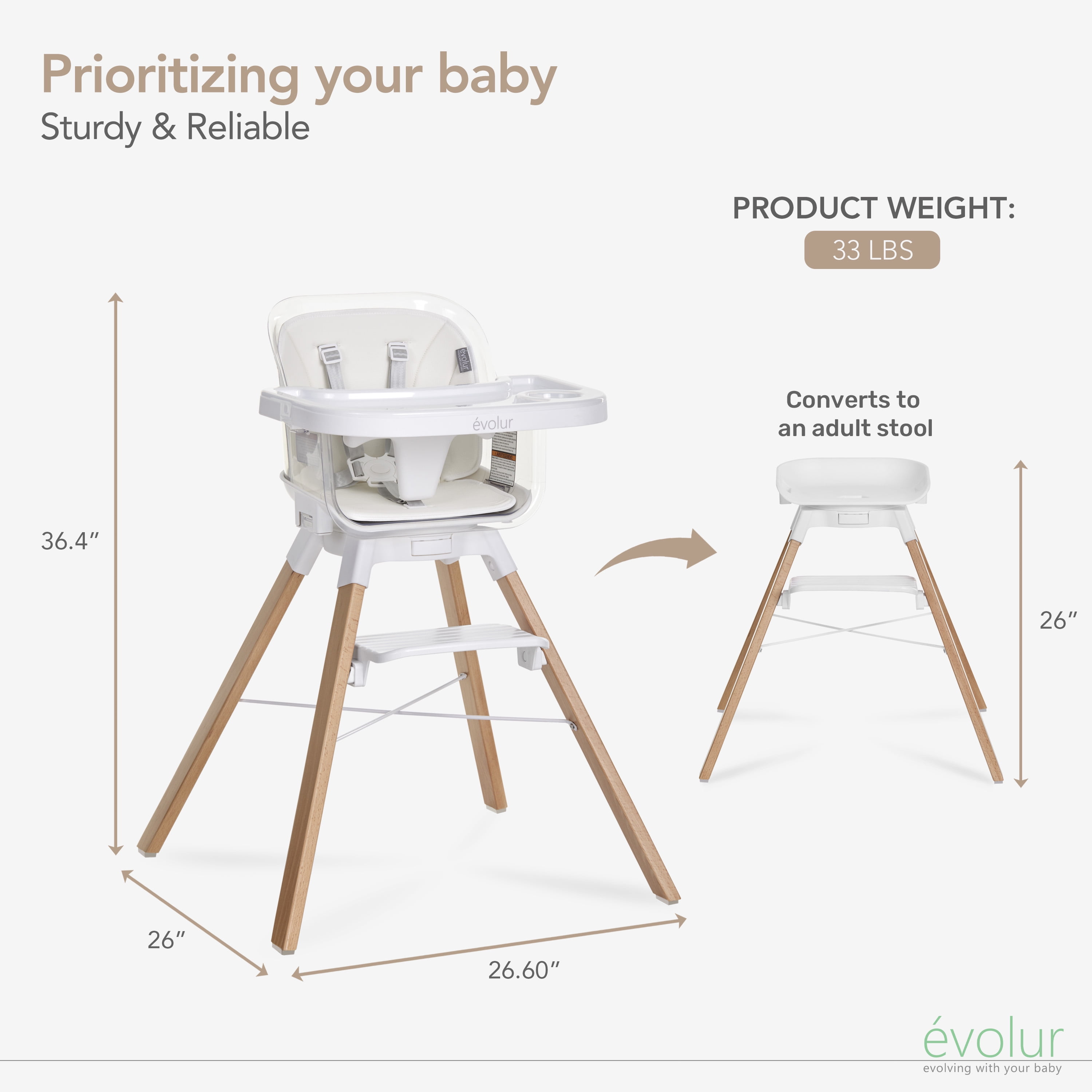Evolur Bloom High Chair Panna Cotta , 360° Rotating Seat, Easily Converts to Adult Stool, Adjustable Foot Rest, Adjustable & Removable Tray Baby High Chair
