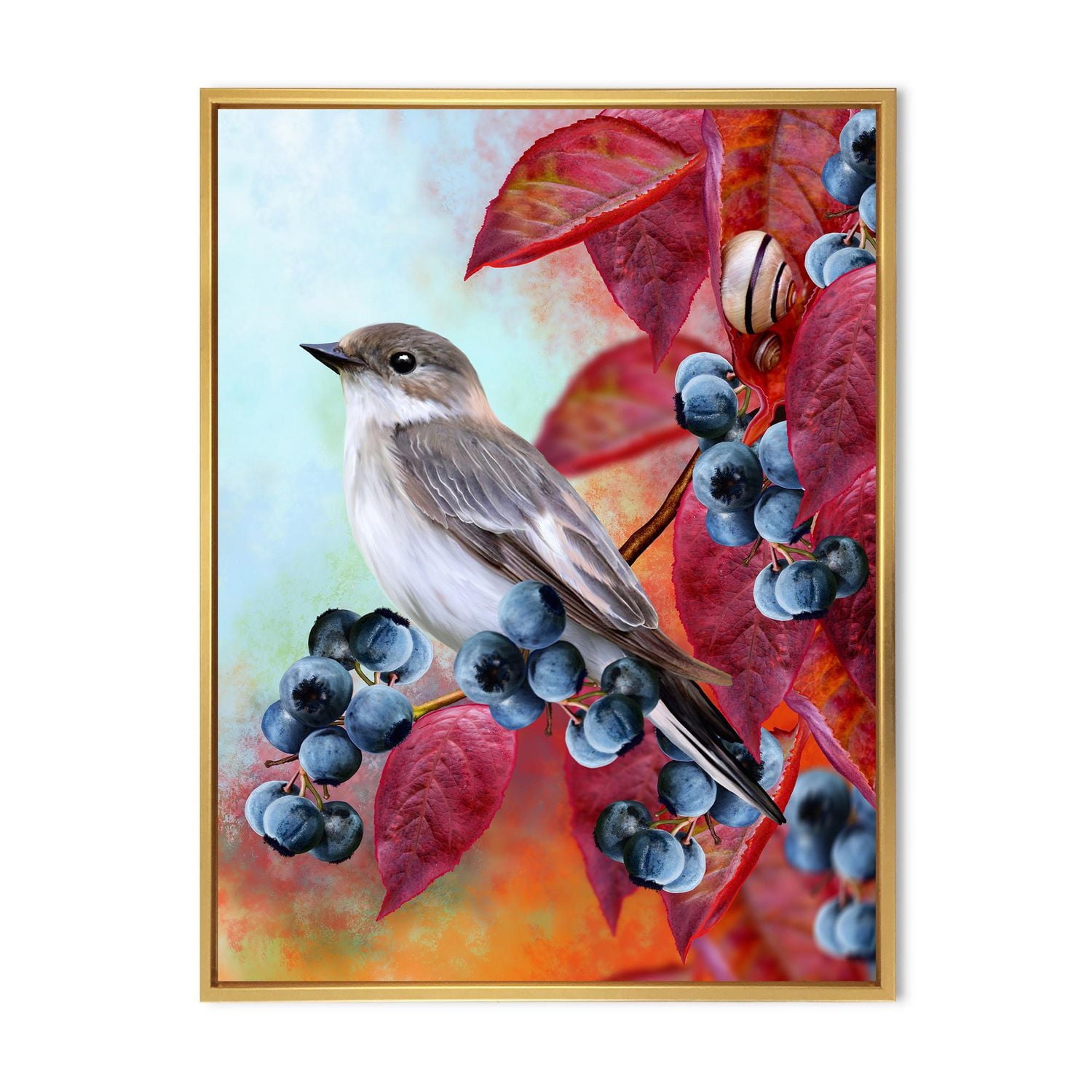 Designart Little Gray Bird On Red Autumn On Blueberry Twig FLOAT FRAME WALL ART