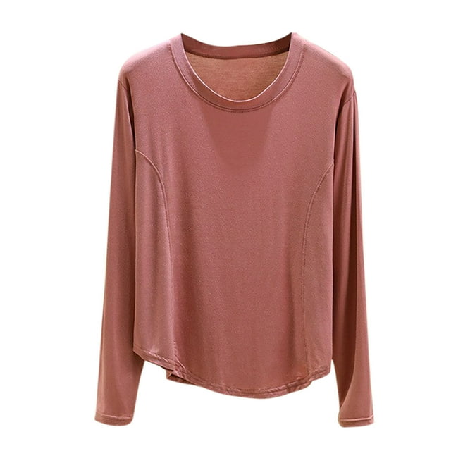 Lenpel Hauts de Pyjama pour Femmes à Manches Longues, Col Ras du Cou, Ourlet Arrondi, T-Shirts de Détente Unis, Doux et Confortables, T-Shirts de Nuit (Rose, XX-Grand)