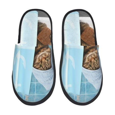 Balery Funny Cat Taking a Bath Slient Indoor Furry Fleece Comfort House Shoes Soft Non-Slip Home Shoes Cotton slippers House Slippers-- Medium