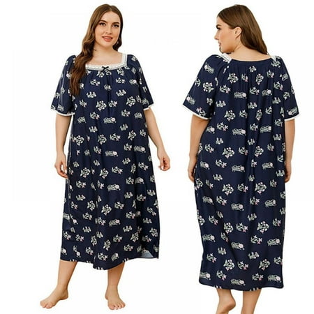 

Aosijia Nightgowns for Women Plus Size Long Floral Print Sleepwear Casual Square Neck Nightshirt with Lace Trim Long Nightdress Short Sleeve House Dress for Ladies 2XL